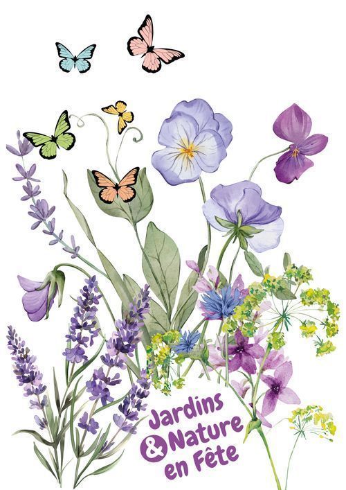 Bouquet illustré de fleurs des champs et papillons, identité visuelle Jardins & Nature en Fête