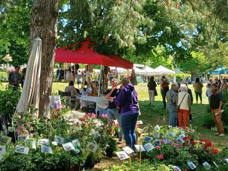Événement en plein air dans un parc, stands colorés et visiteurs à la Fête des Plantes