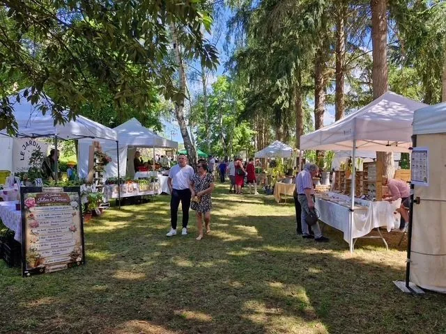 Visiteurs déambulant entre les stands sous les arbres