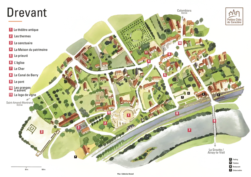 Plan illustré du village de Drevant, label Petites Cités de Caractère : théâtre antique, thermes, sanctuaire, Maison du patrimoine, prieuré, église, Cher, Canal de Berry, pont, granges à auvent, loge de vigne. Illustration de Catherine Durand.